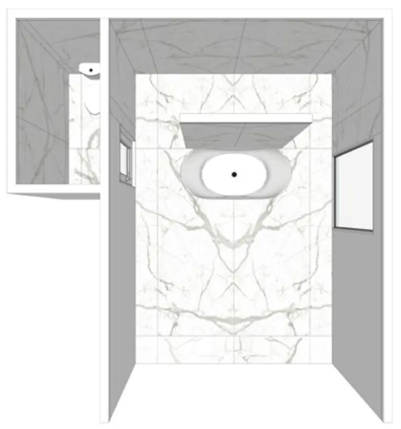 3D layout showing the Statuario veining bookmatched across the bathroom walls
