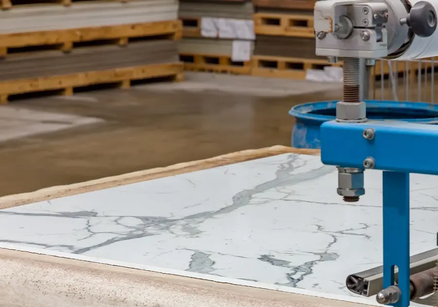 Statuario slab being cut in sequence at the factory