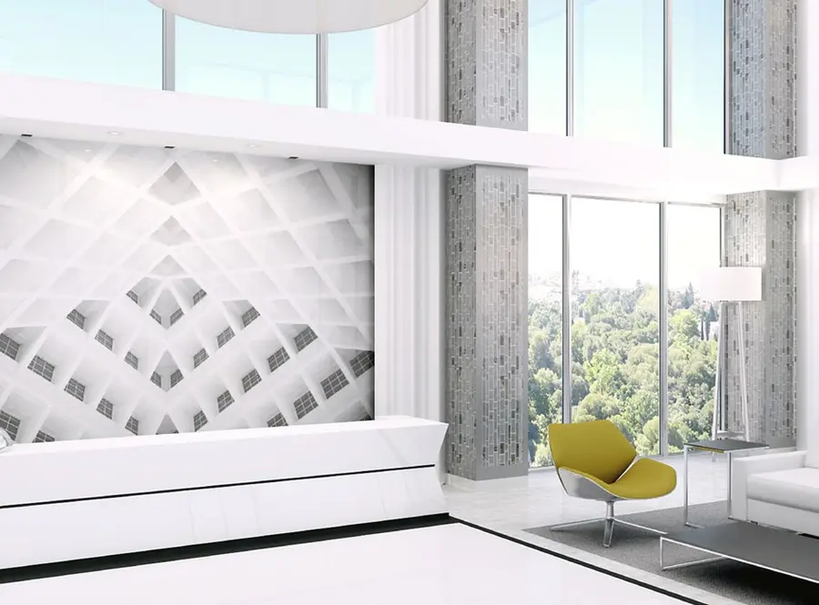 Final result — custom Trascenda feature wall installed in a lobby