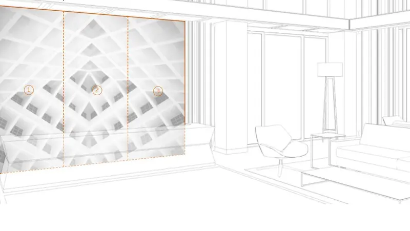 Project layout drawing showing the image mapped across numbered slabs on the wall