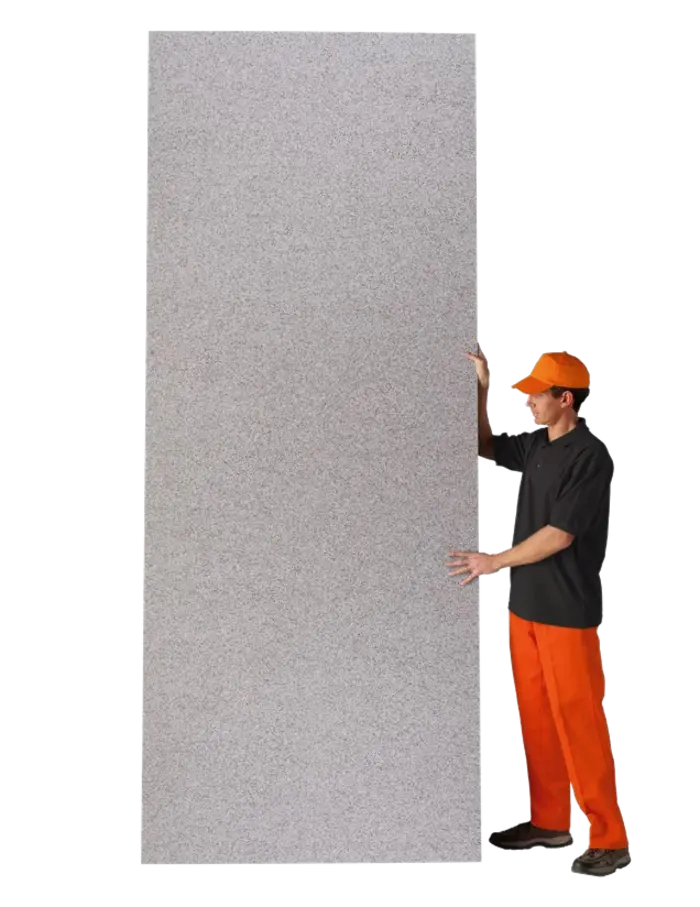 One person standing beside a full 300 by 120 cm etherium slab, showing its scale and light weight