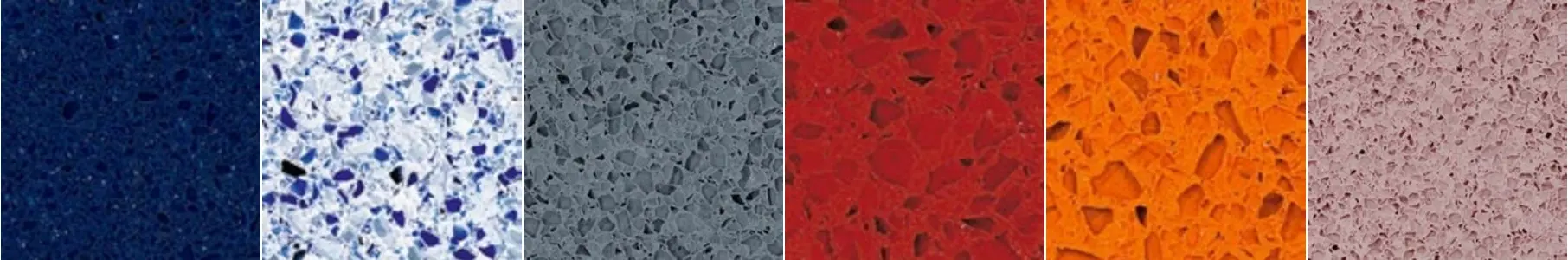Selection of coloured Trend Origina terrazzo slab swatches including blues, red and orange